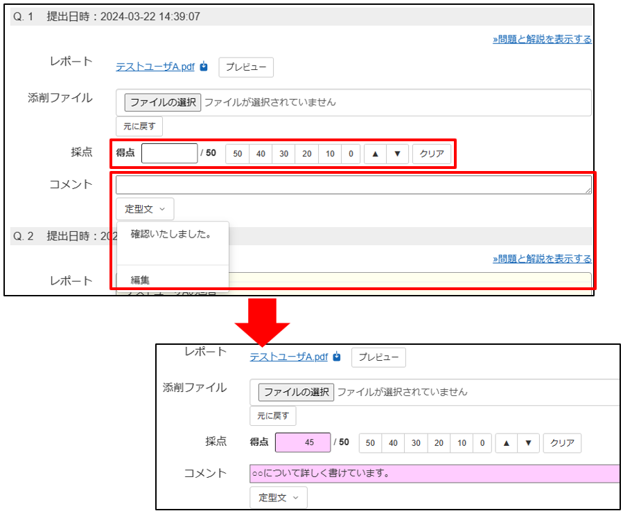 記述式及びファイル提出問題を採点・添削・返却・再提出依頼する